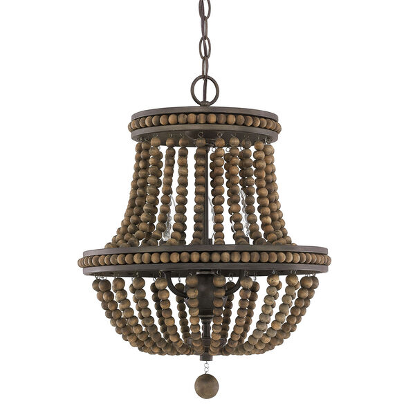 Handley Tobacco with Stained Wood Beads Three-Light 16-Inch Chandelier, image 1