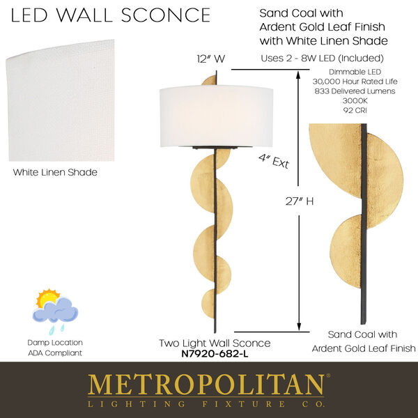Navia Sand Coal and Ardent Gold Leaf Two-Light LED Wall Sconce, image 2