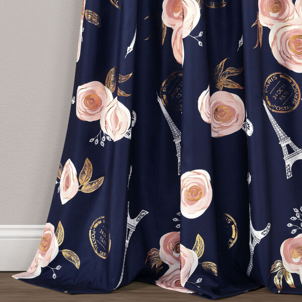 Vintage Paris Navy and White 52 x 84 In. Rose Butterfly Script Window Curtain Panel, Set of 2, image 4