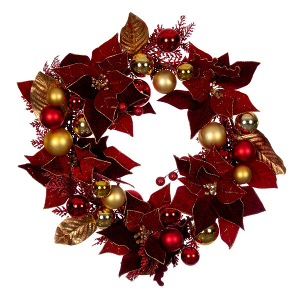 Red 22-Inch Artificial Poinsettia Deco Wreath, image 1