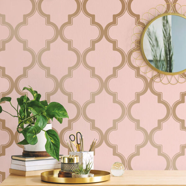 Marrakesh Pink and Metallic Gold Peel and Stick Wallpaper, image 3