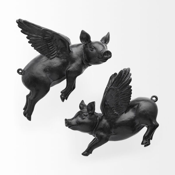 Hogbadi Black Flying Pig Wall Sculpture, Set of Two, image 2