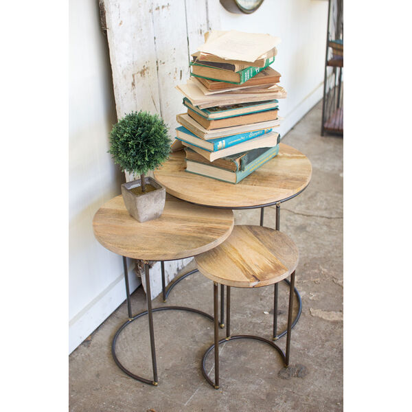 Nesting Iron Accent Tables with Mango Wood Tops, Set of Three, image 1