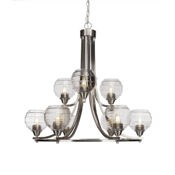 Paramount Brushed Nickel 31-Inch Nine-Light Chandelier with Clear Ribbed Glass Shade, image 1