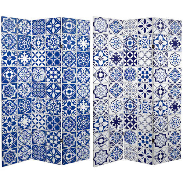 Tall Double Sided Blue and White Tile Canvas Room Divider, image 1