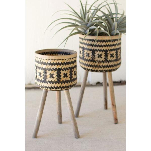 Black and Natural Woven Plant Stand with Wood Leg, Set of Two, image 1