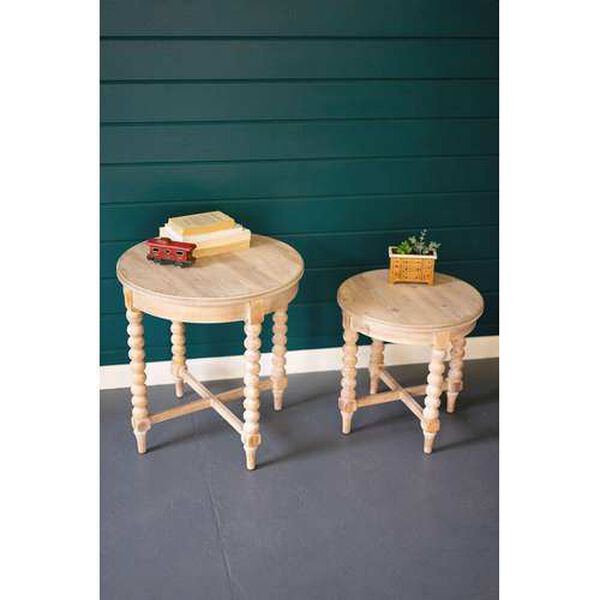 Rattan Wood Round Wooden Side Tables with Turned Legs, Set of Two, image 1