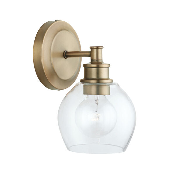 Mid-Century Aged Brass One-Light Sconce with Clear Glass, image 1