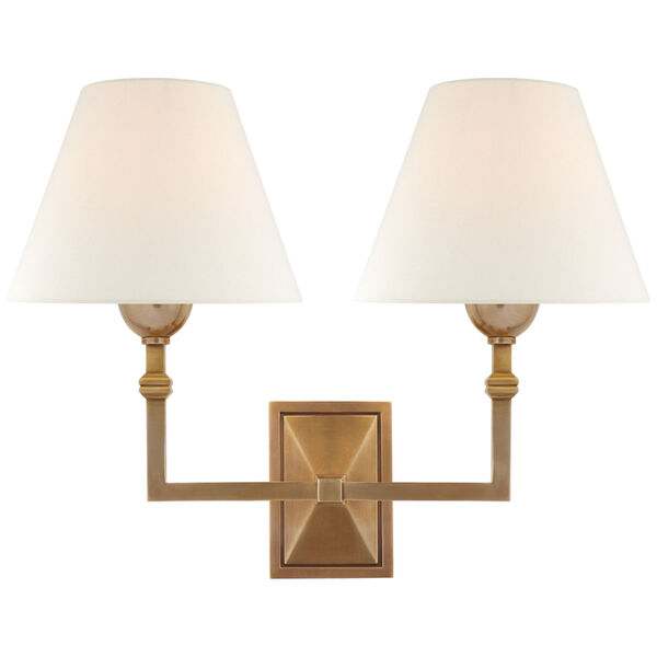 Jane Double Sconce in Hand-Rubbed Antique Brass with Linen Shade by Alexa Hampton, image 1