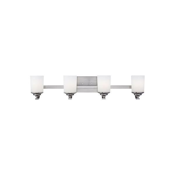 Kemal Brushed Nickel Four-Light Bath Vanity with Etched White Inside Shade, image 1