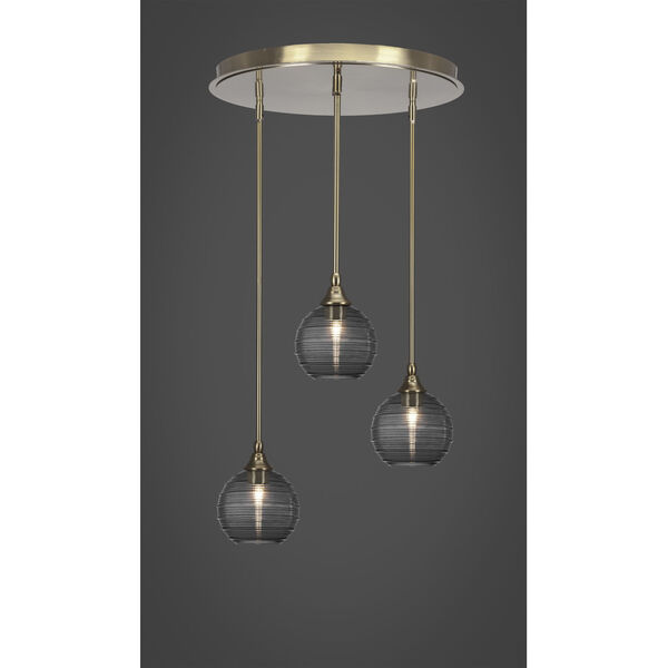 Empire New Age Brass Three-Light Cluster Pendalier with 10-Inch Smoke Ribbed Glass, image 2