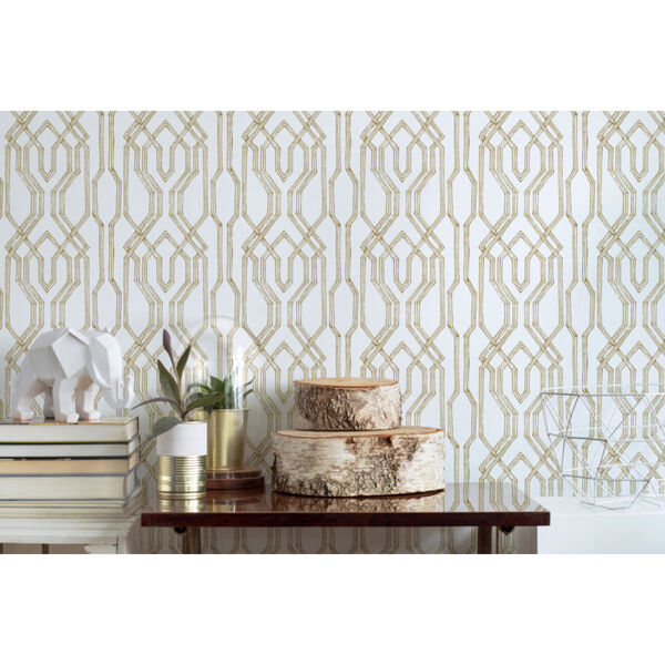 Ronald Redding Tea Garden White and Gold Oriental Lattice Wallpaper, image 1