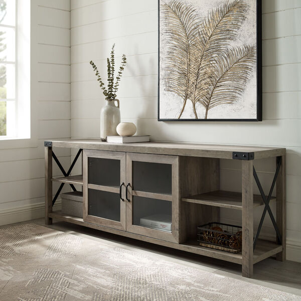 Gray and Black X Frame TV Stand with Glass Door, image 2