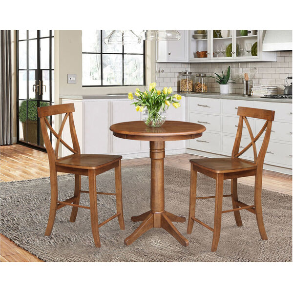 Distressed Oak 30-Inch Round Pedestal Gathering Table with Two X-Back Counter Height Stool, Set of Three, image 1
