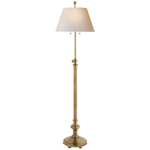 Overseas Adjustable Club Floor Lamp in Antique-Burnished Brass with Natural Paper Shade by Chapman and Myers, image 1
