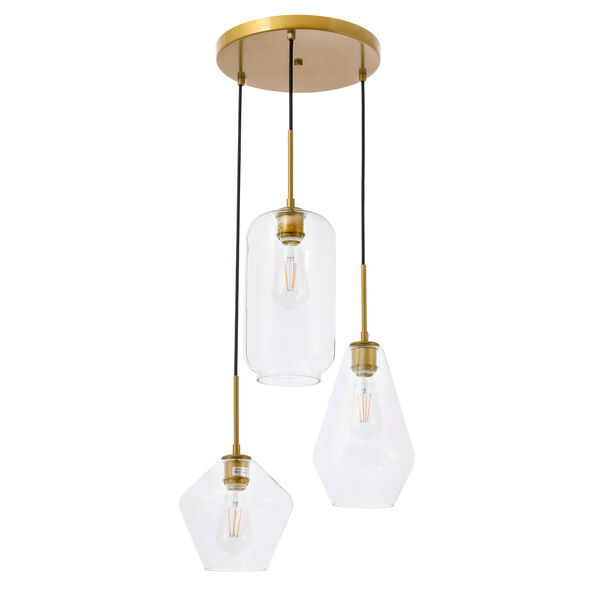 Gene Brass 17-Inch Three-Light Pendant with Clear Glass, image 3