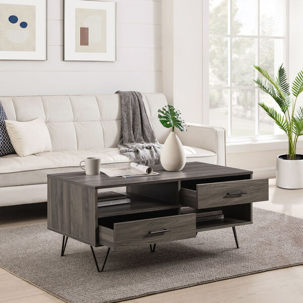 Croft Slate Gray Two-Drawer Coffee Table with Hairpin Legs, image 4