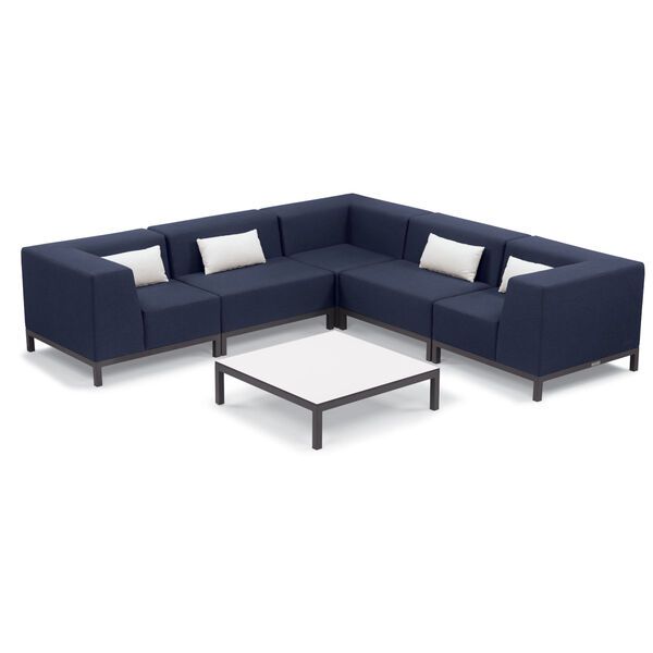 Koral Carbon and Spectrum Indigo Patio Sectional Set and Table with Cushion, 6-Piece, image 1