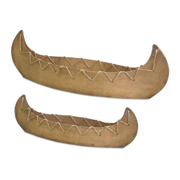 Brown Wood Jute Canoe Decorative Object, Set of Two, image 1