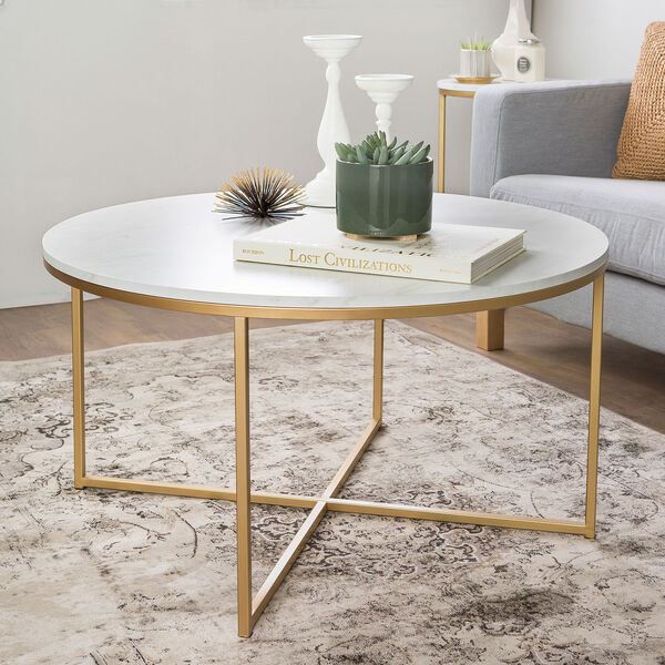 36-Inch Coffee Table with X-Base - Marble/Gold, image 2