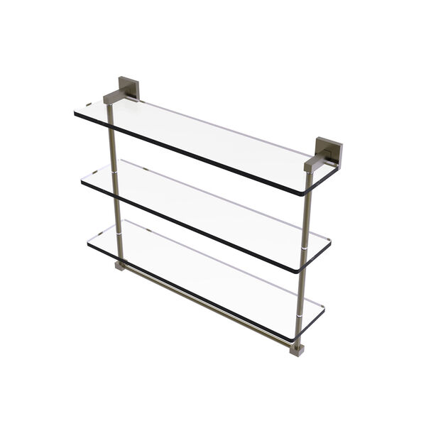 Allied Brass MT-5-22TB-ABR Montero Collection 22 Inch Triple Tiered Glass Shelf with integrated towel bar Antique Brass 
