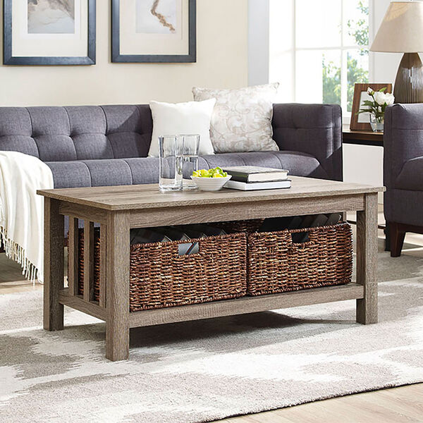 40-inch Wood Storage Coffee Table with Totes - Driftwood, image 1