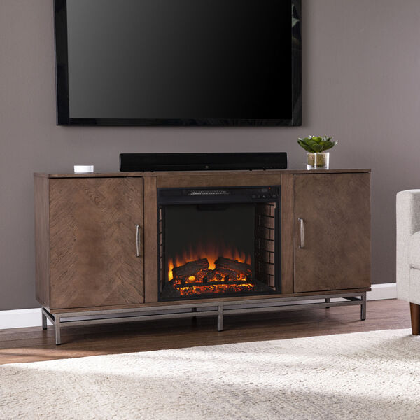 Dibbonly Brown and matte silver Electric Fireplace with Media Storage, image 3