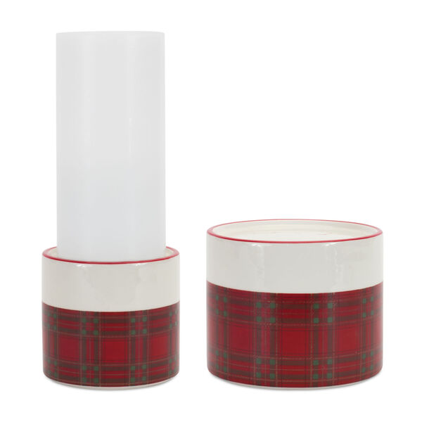 Red Ceramic Plaid Candle Holder , Set of Two, image 1
