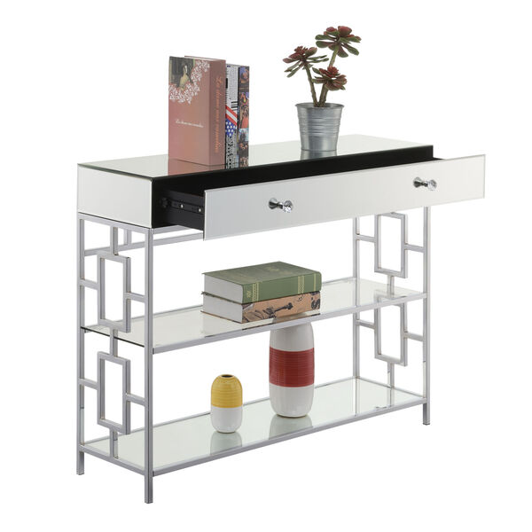 Town Square Mirror, Glass and Chrome Single Drawer Mirrored Console Table, image 4