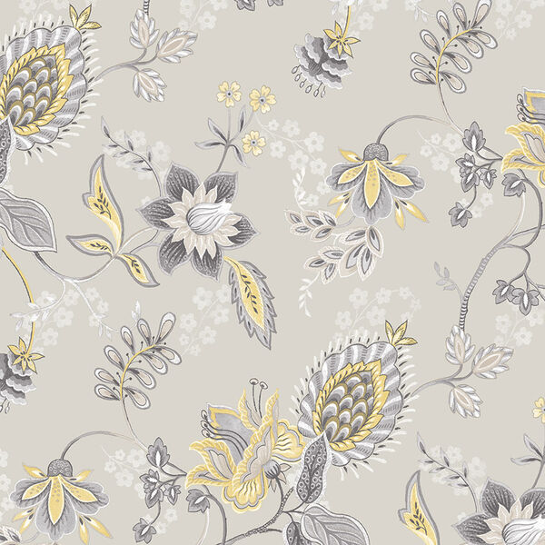Jacobean Floral Grey and Yellow Wallpaper, image 1