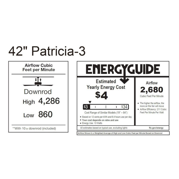 Patricia-3 Matte Black 42-Inch Ceiling Fan with LED Light Kit, image 2