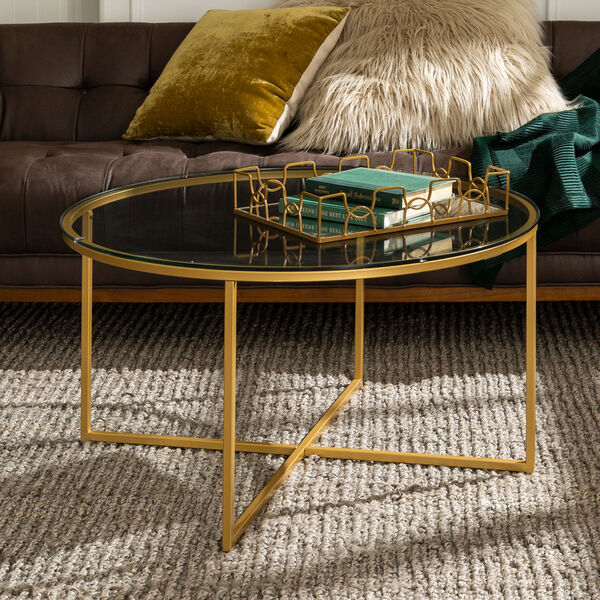 36-Inch Coffee Table with X-Base - Glass/Gold, image 1