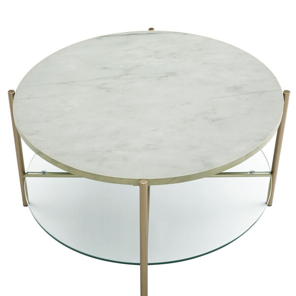 Glass Shelf, Gold Legs Round Coffee Table with White Marble Top, image 3
