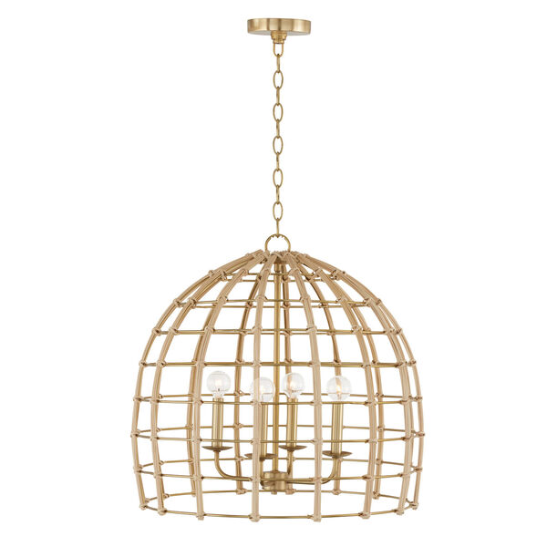 Wren Matte Brass Four-Light Pendant Made with Handcrafted Rattan, image 3