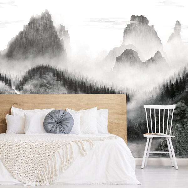 Black and White Majestic Mountains Peel and Stick Mural, image 1