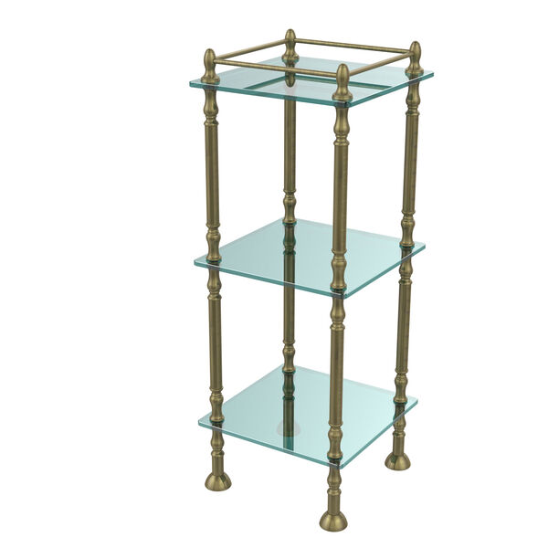 Three Tier Etagere with 14 Inch x 14 Inch Shelves, Antique Brass, image 1