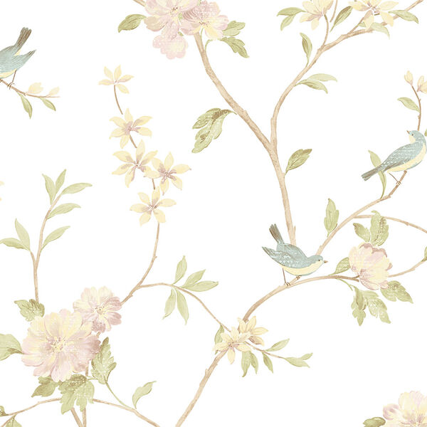 Floral Bird Sidewall Pink, Yellow and Aqua Wallpaper, image 1