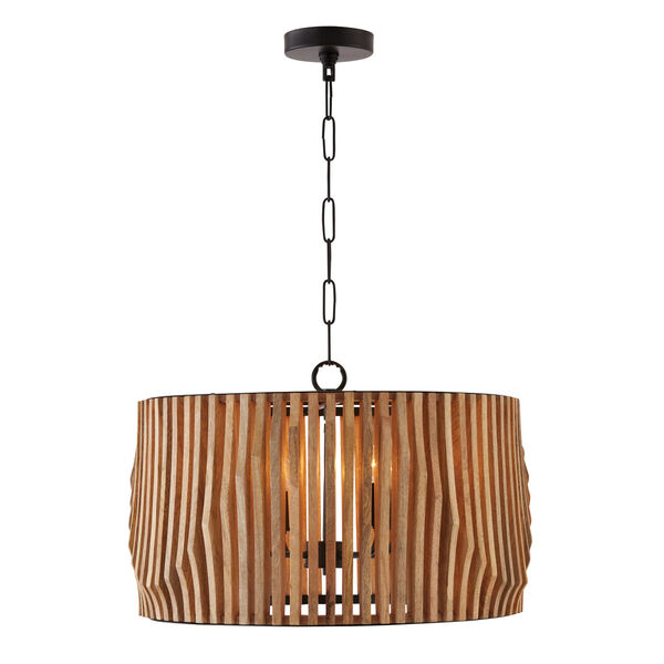 Archer Light Wood and Matte Black Four-Light Pendant Made with Handcrafted Mango Wood, image 1