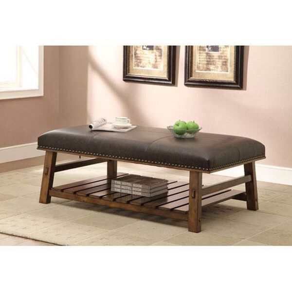 Brown Slatted Shelf Accent Bench, image 2