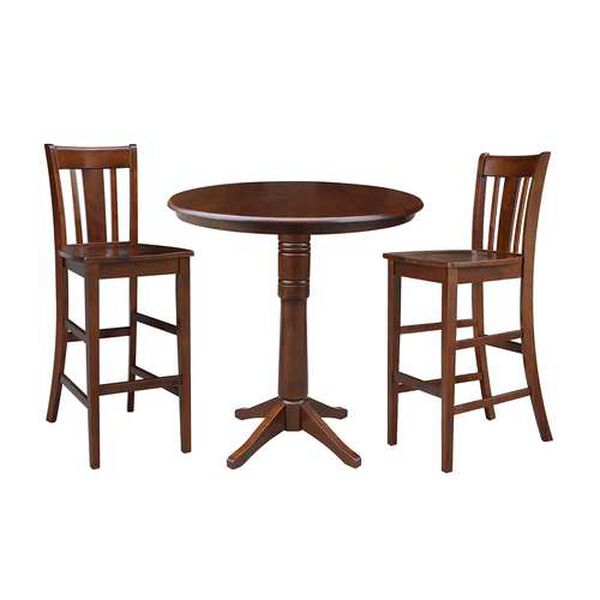 Espresso 36-Inch Round Pedestal Bar Height Table with Stools, 3-Piece, image 1