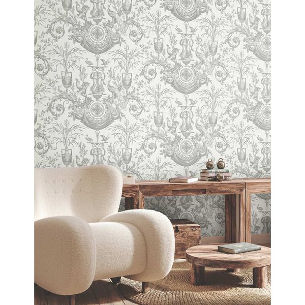 Avian Fountain Toile Grey Wallpaper, image 3