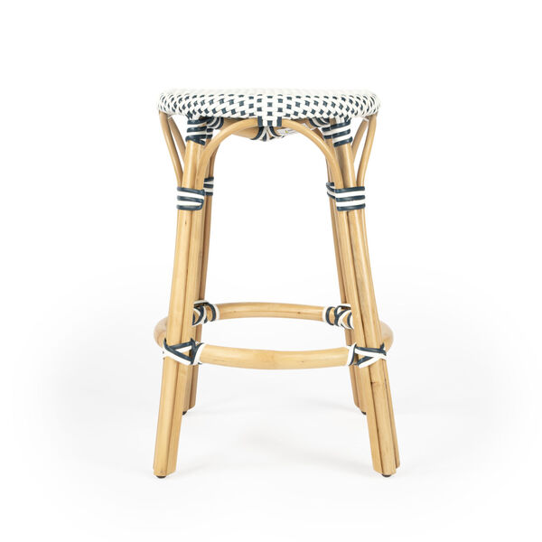 Tobias White and Navy Dot on Natural Rattan Counter Stool, image 3
