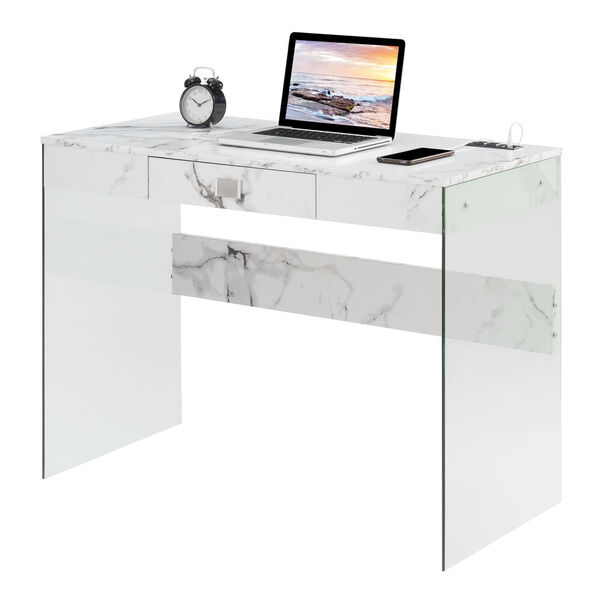 SoHo Faux White Marble Glass Desk with Charging Station, image 3