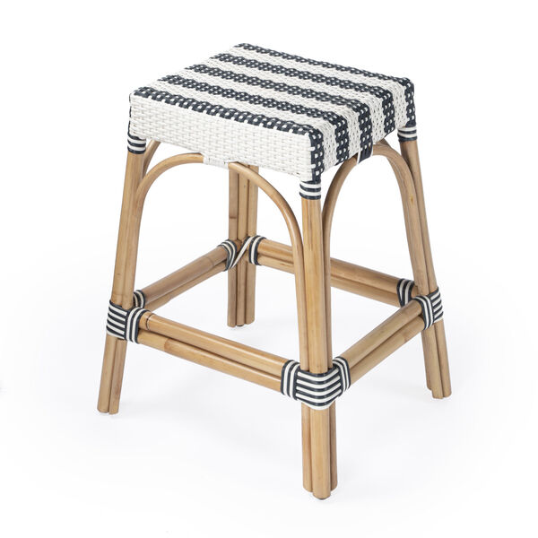 Robias White and Navy Stripe on Natural Rattan Counter Stool, image 1