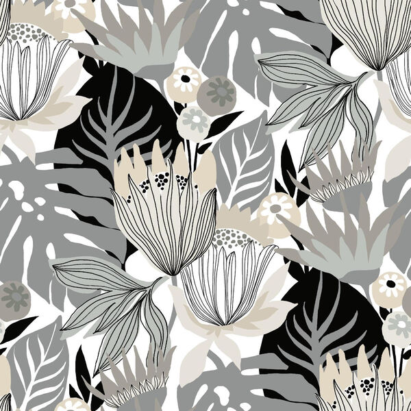 Retro Tropical Leaves Gray And Beige Peel And Stick Wallpaper, image 1