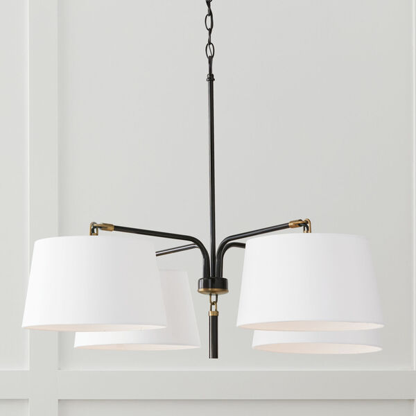Beckham Glossy Black and Aged Brass Four-Light Chandelier with White Fabric Drum Shades, image 2