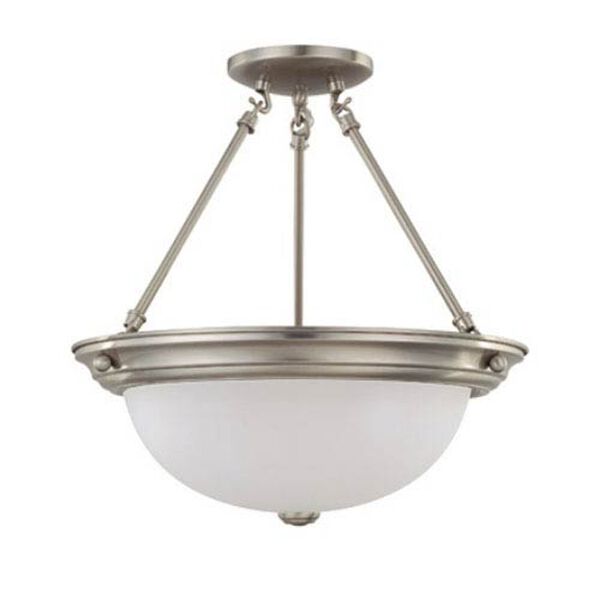 Brushed Nickel Three-Light Semi Flush Mount with Frosted White Glass, image 1