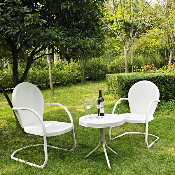Griffith Three Piece Metal Outdoor Conversation Seating Set: Two Chairs in White Finish with Side Table in White Finish, image 1
