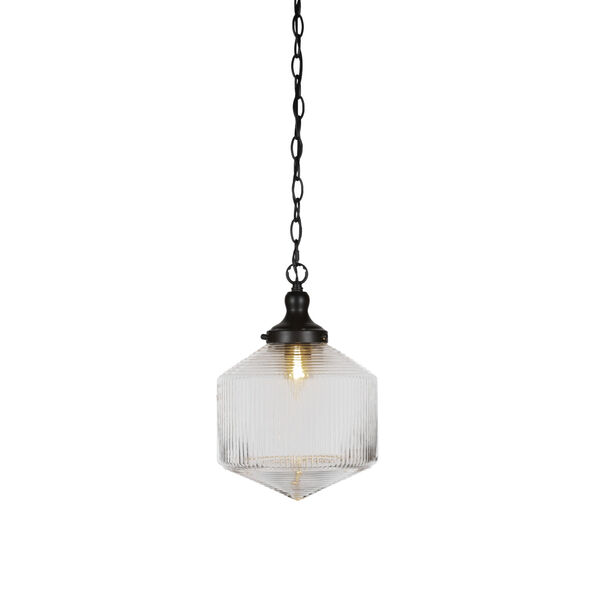 Carina Matte Black One-Light Pendant with Clear Ribbed Glass Shade, image 1