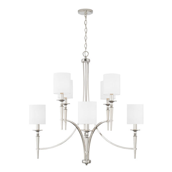 Abbie Polished Nickel and White Eight-Light Chandelier with White Fabric Stay Straight Shades, image 1
